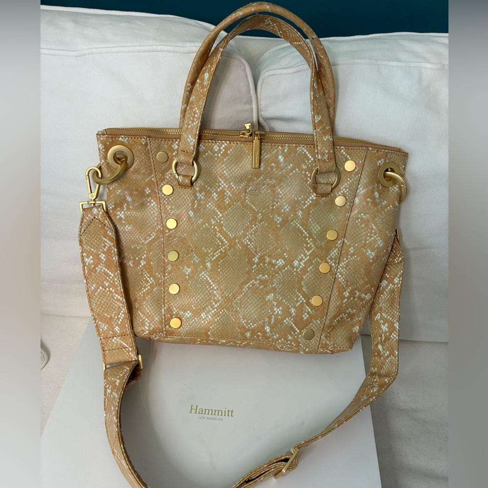 Hammitt Tan Snake-Print Leather Shoulder Bag with Gold Hardware